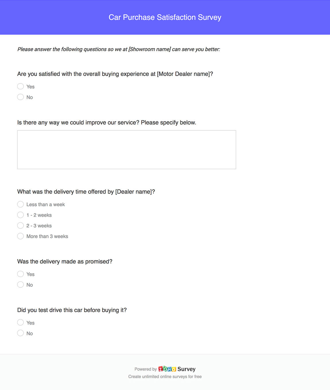 Car purchase satisfaction survey questionnaire template