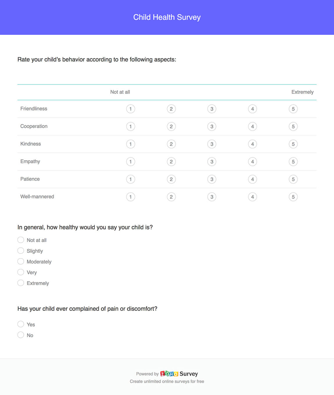 Child health survey questionnaire template