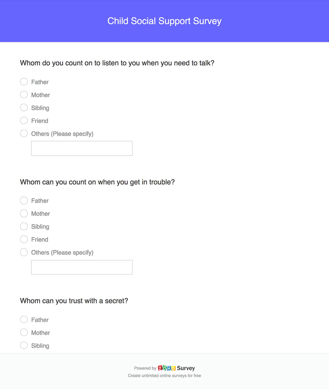Child social support survey questionnaire template