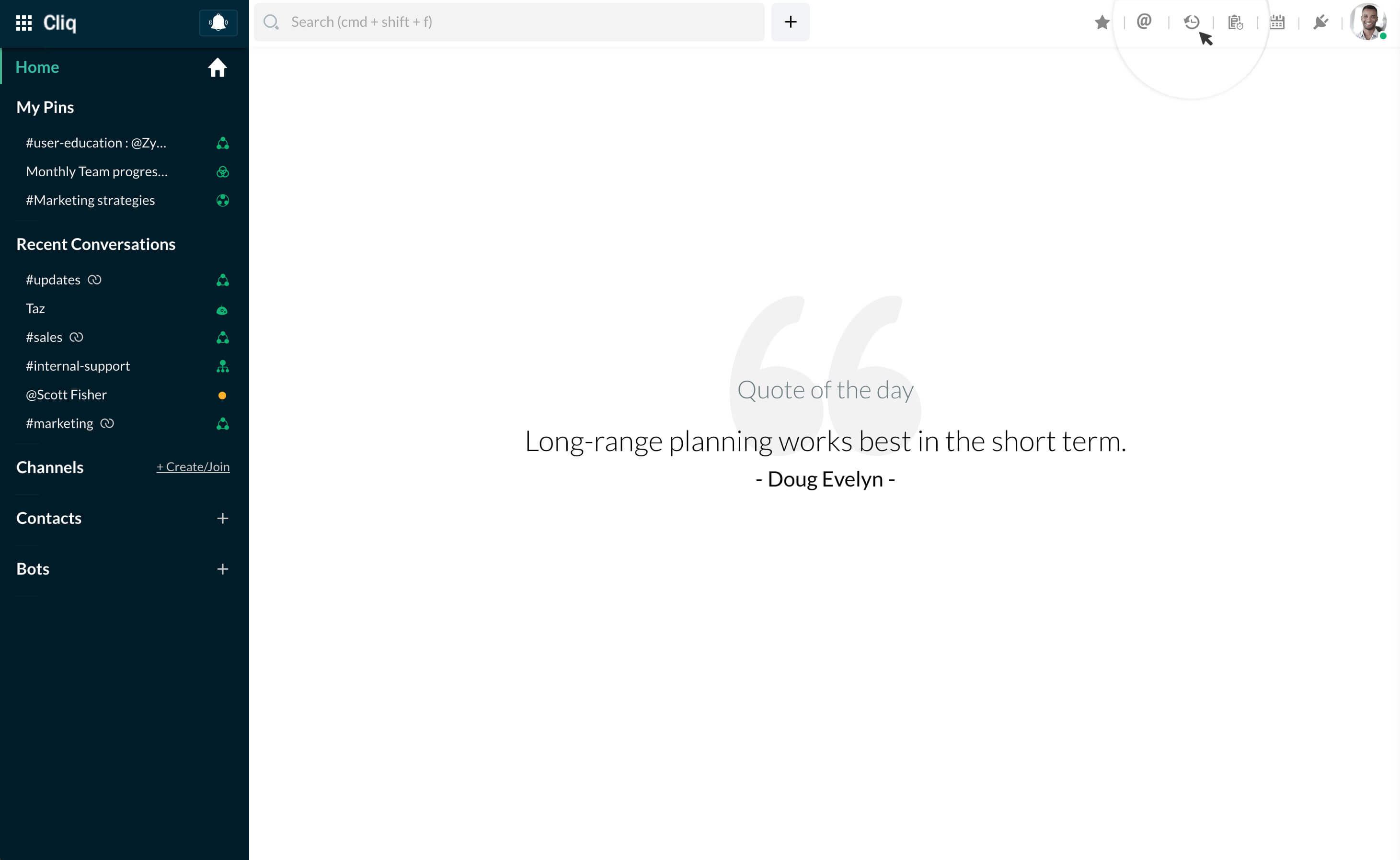Click on Chat History icon next to @mentions in the top bar.