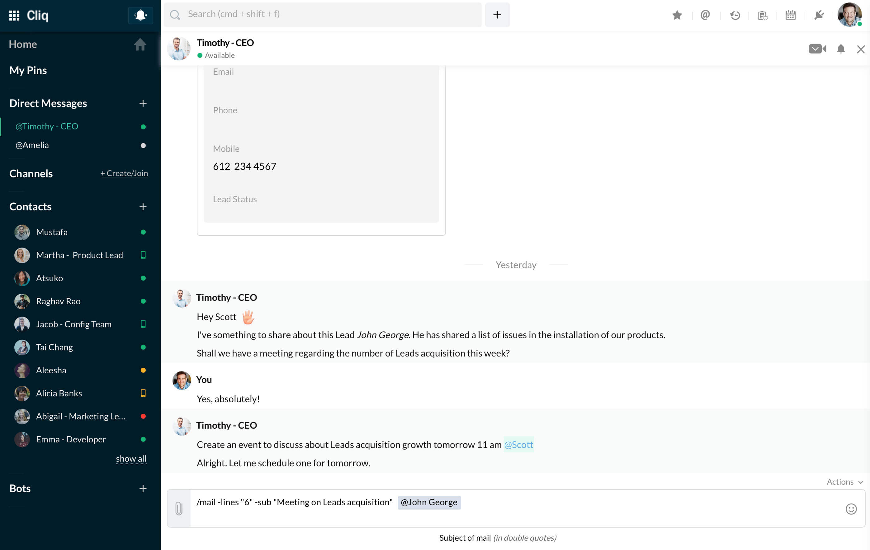 Cliq offers a few basic commands.