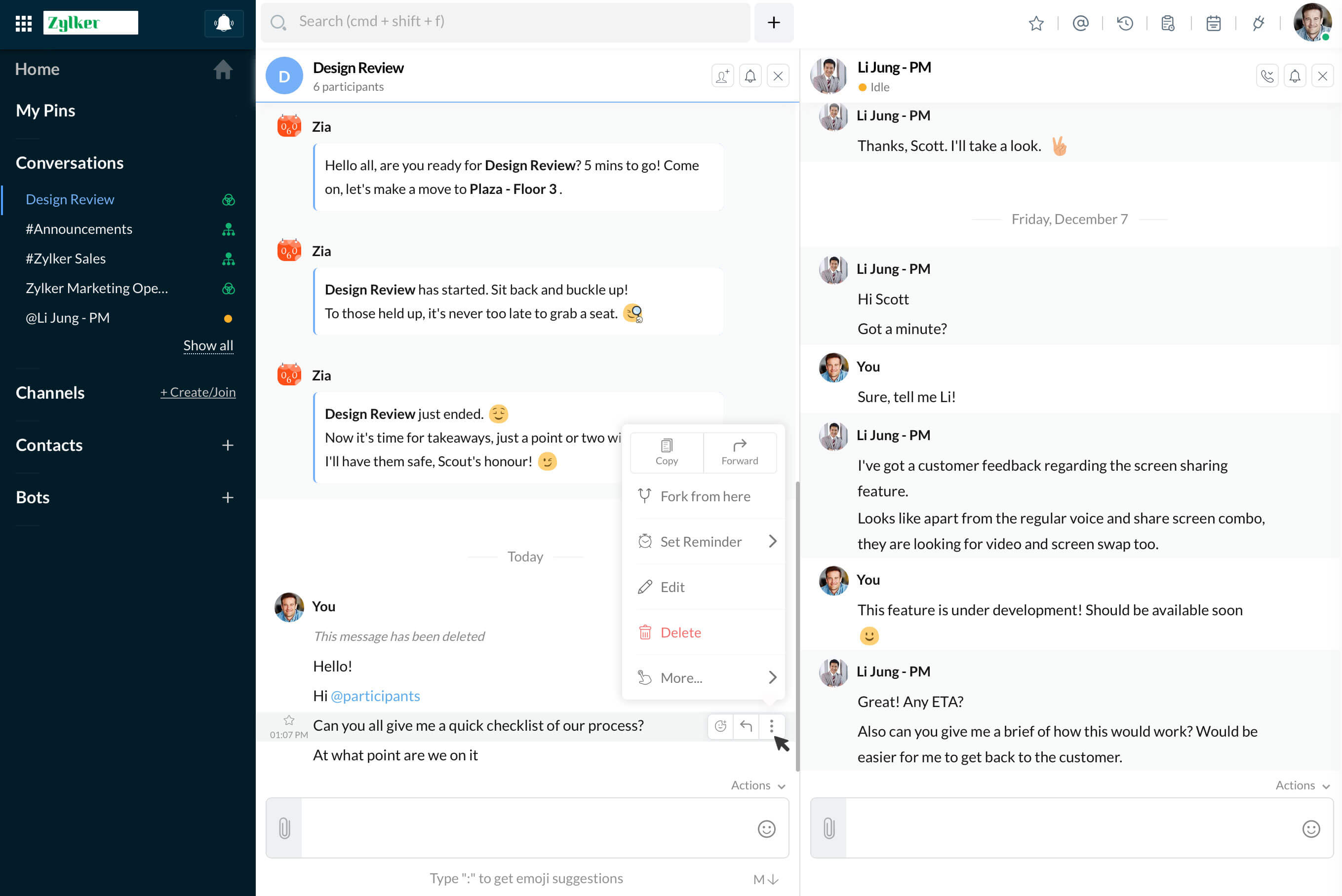 Hover over a message and click the Message Actions icon (3 dots)