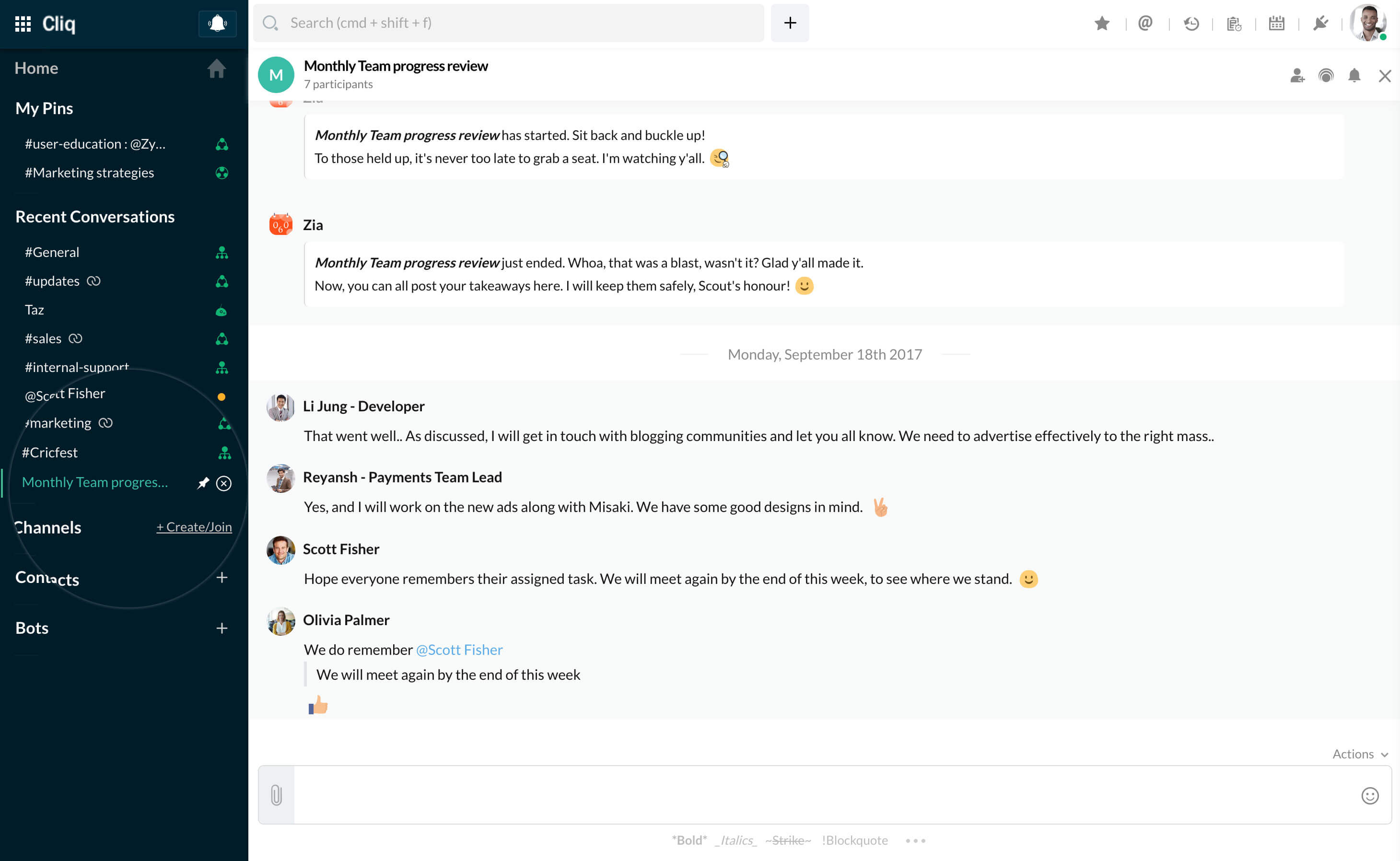 Hover over the chat in left sidebar and click on Pin icon.