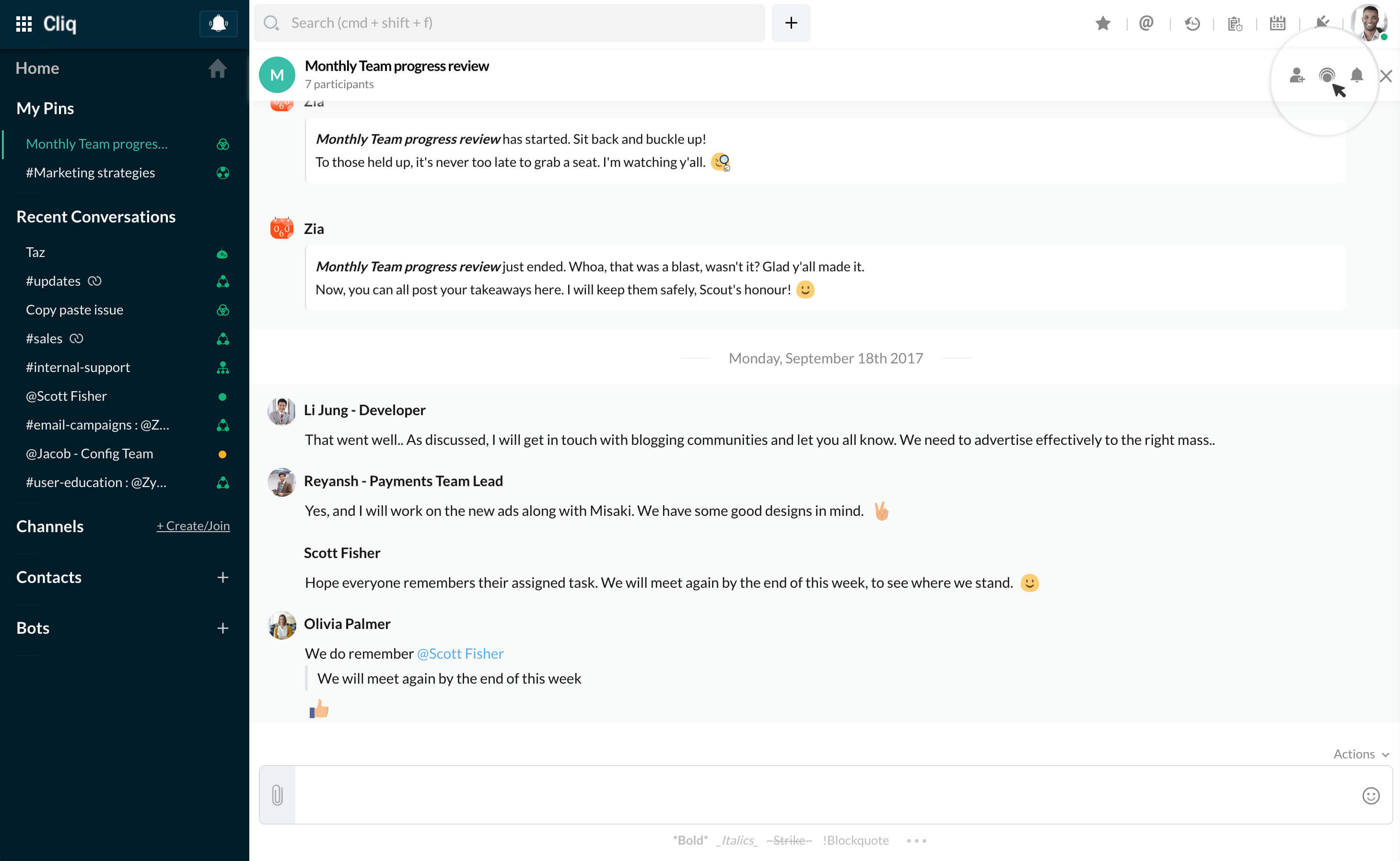 Click on the 'PrimeTime' icon next to Add participants in the chat header.