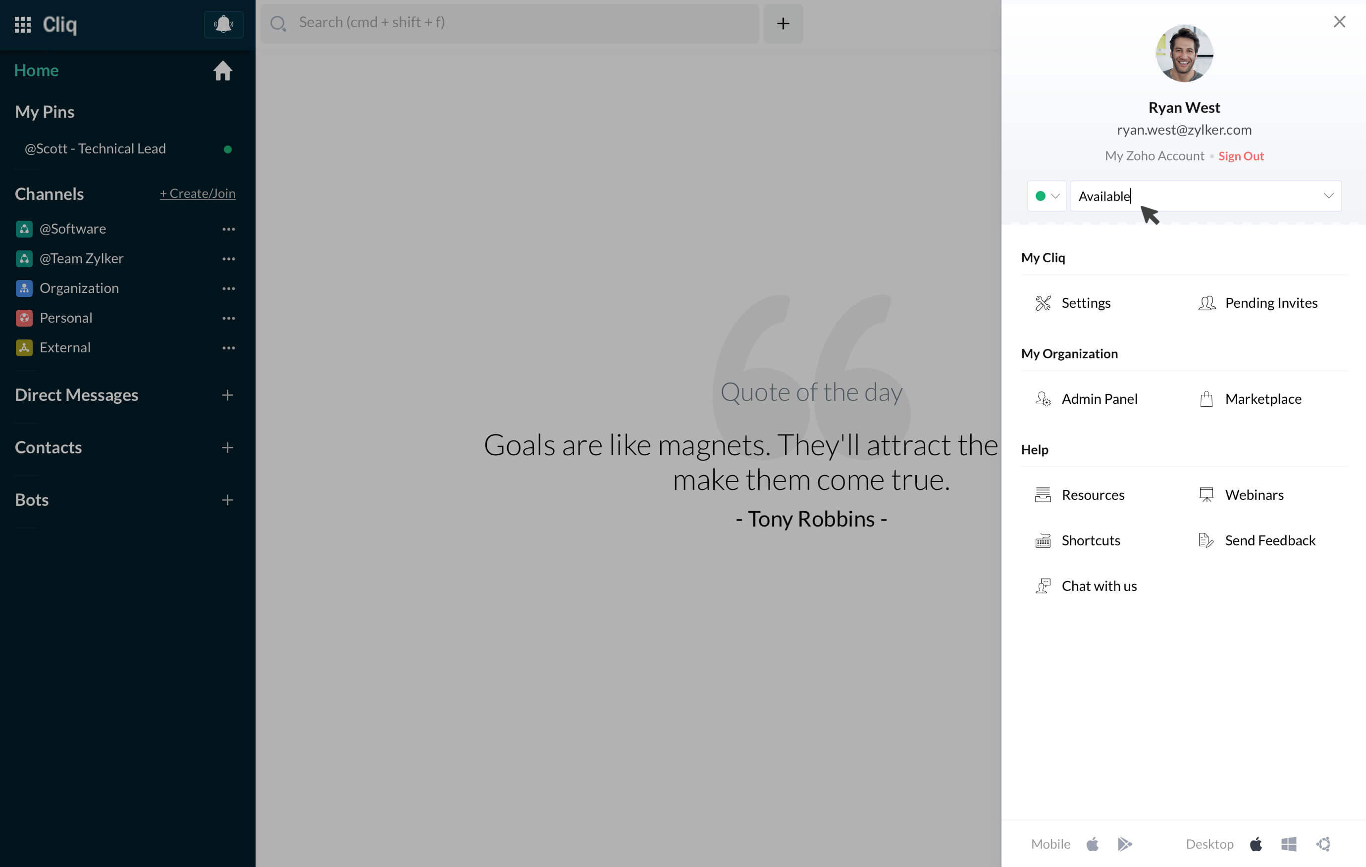 Click on your profile picture to set your status.