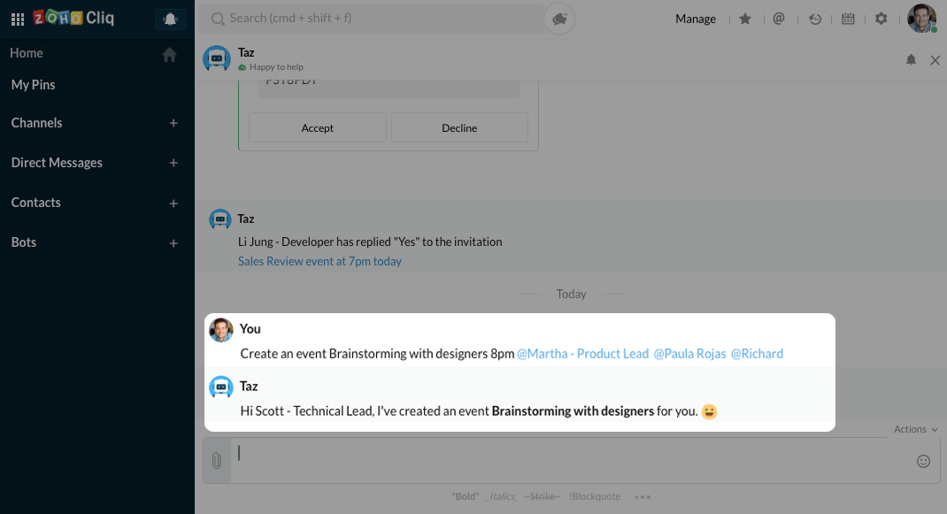 Create an event from Taz