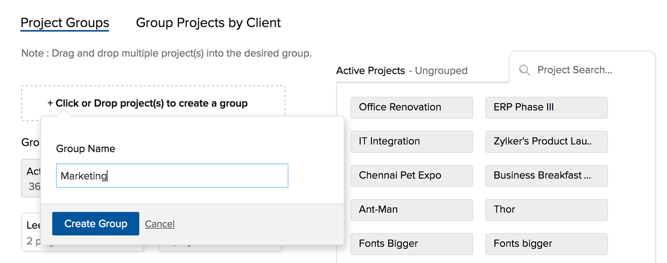 Criando grupos de projetos no Zoho Projects