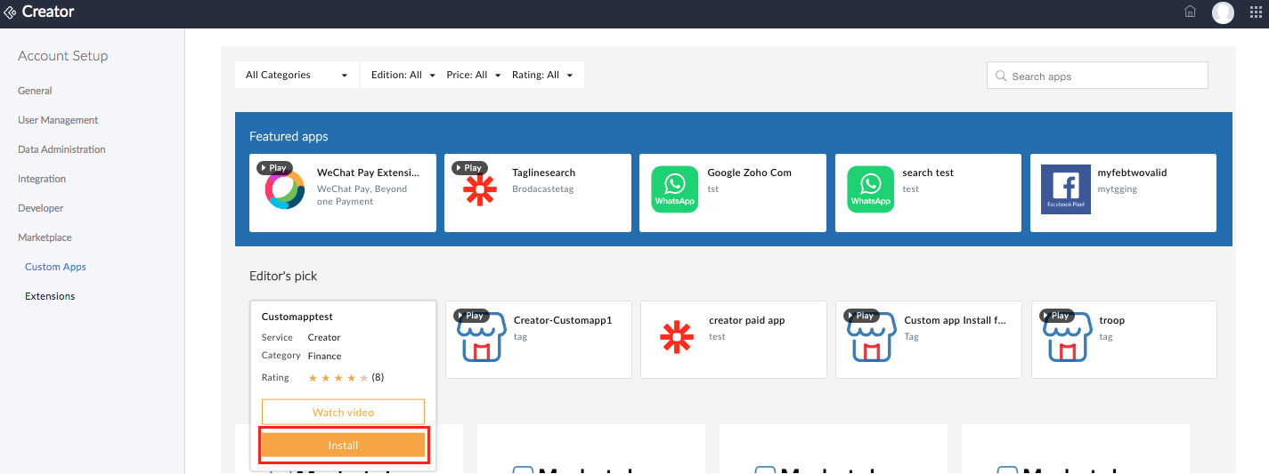 Install Custom Apps & Extensions Marketplace Zoho Creator Help
