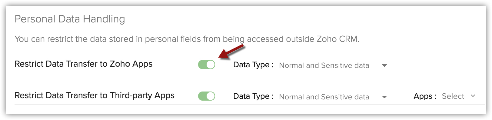 Restringir a transferência de dados para aplicativos Zoho