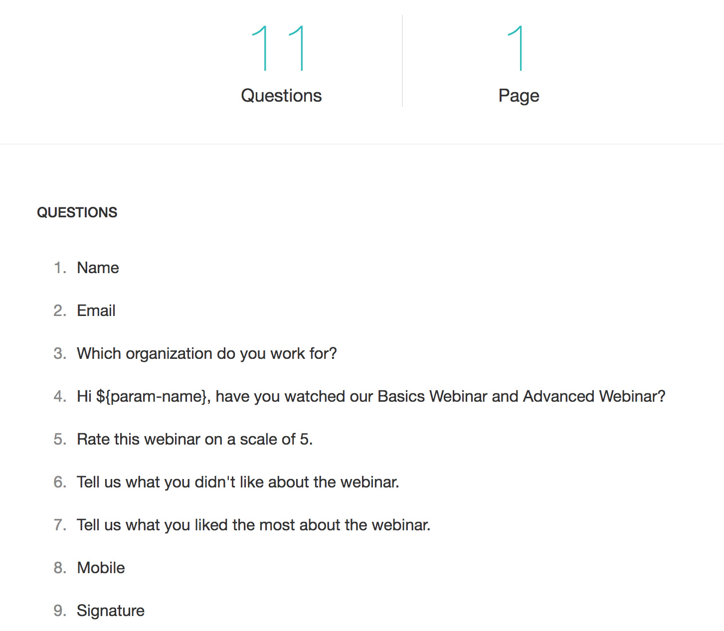 Questions and pages dashboard