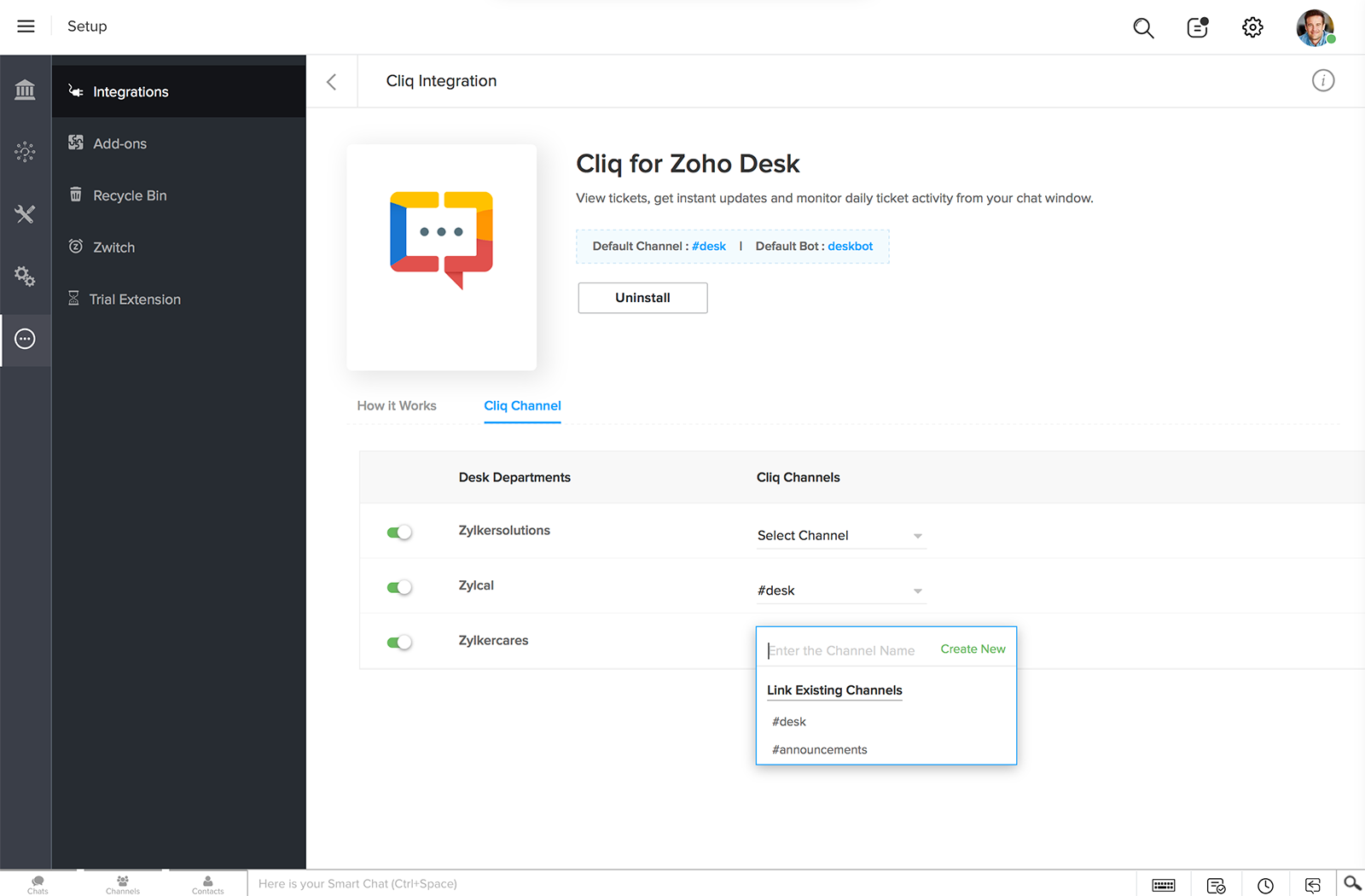 In the desk page, after installing Cliq extension, you can configure channels for your desk departments