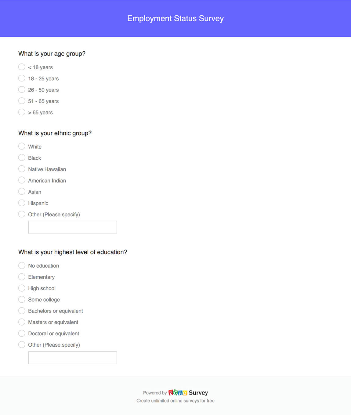 Employment Status Survey Questionnaire Template Zoho Survey