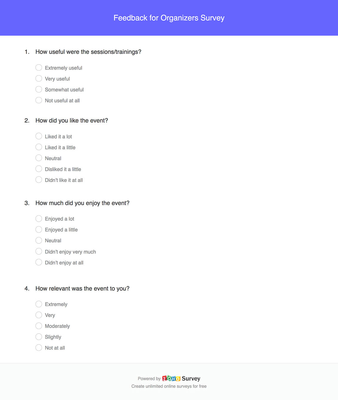 Feedback for organizers survey questionnaire template