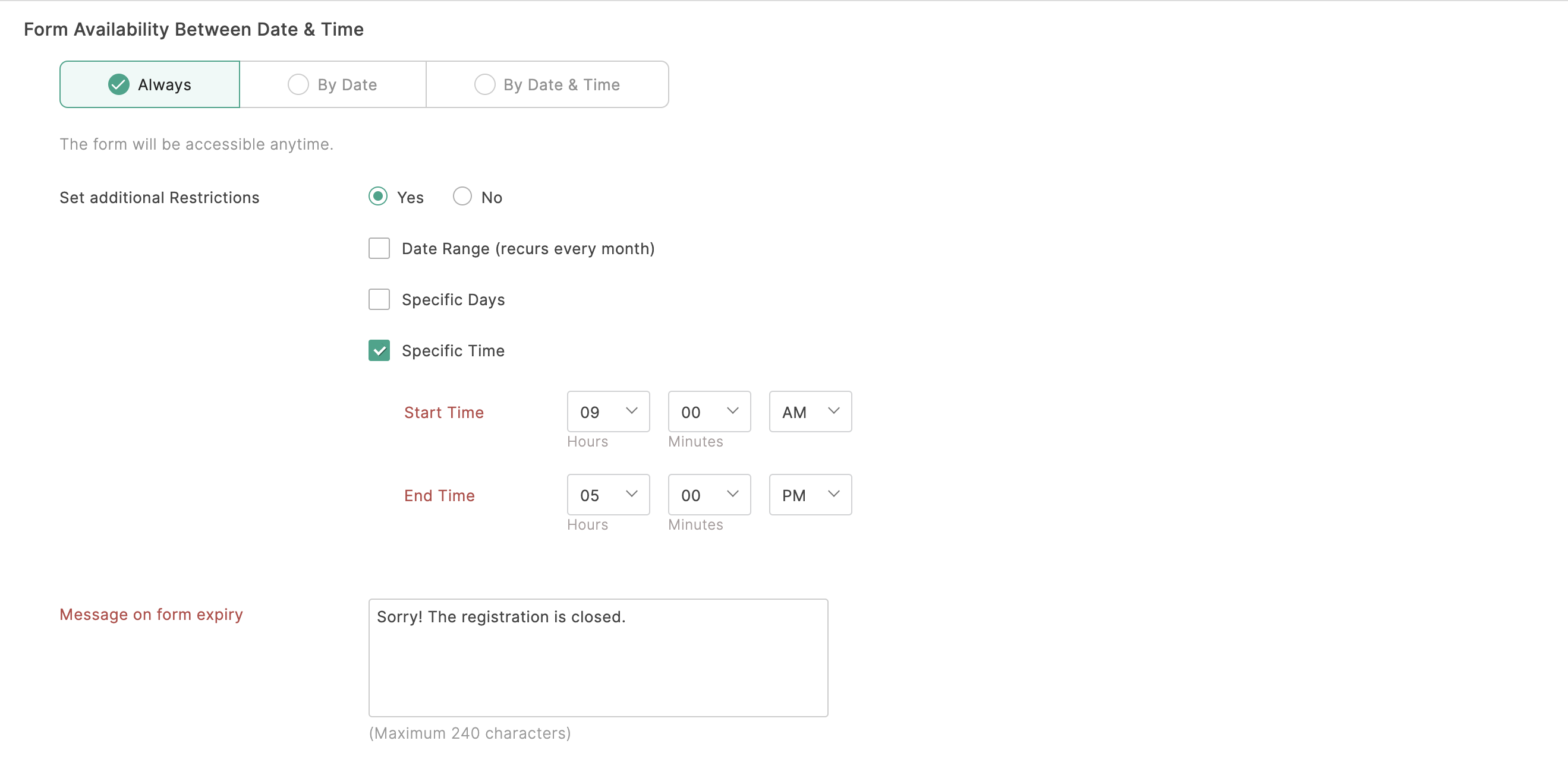 Additional form access restrictions by Specific Time