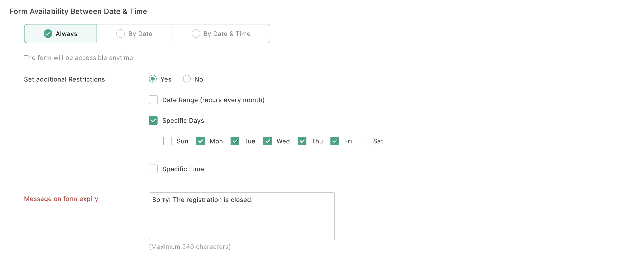 Additional form access restrictions by Specific Days