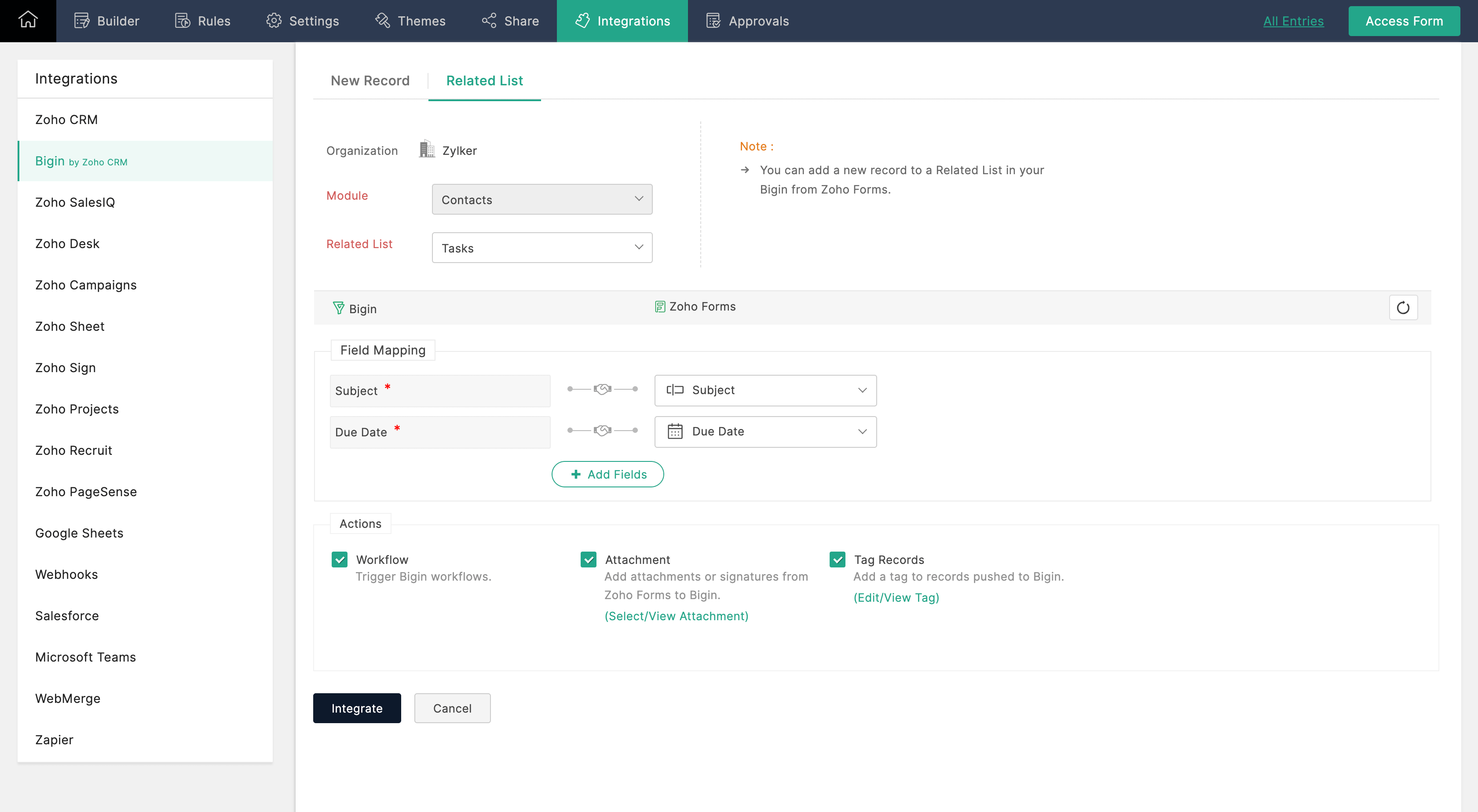 Adding a Related List- Bigin Integration Setup