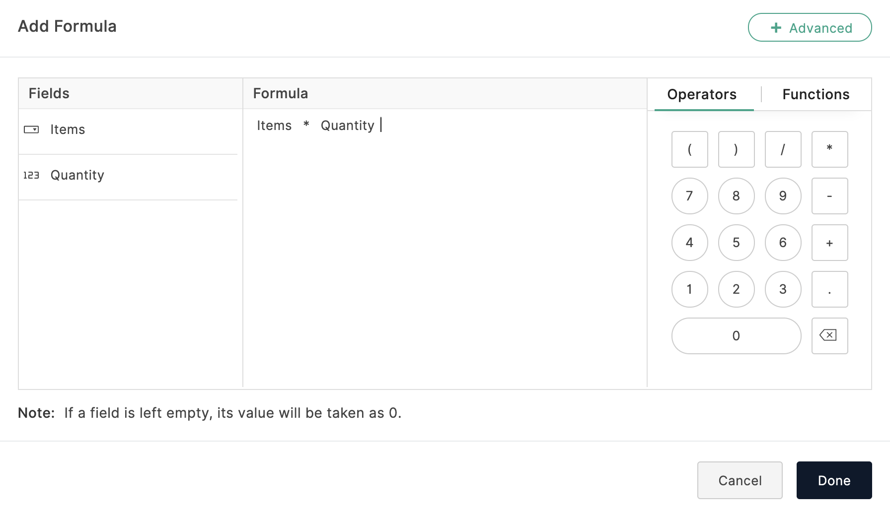 Formula field setup