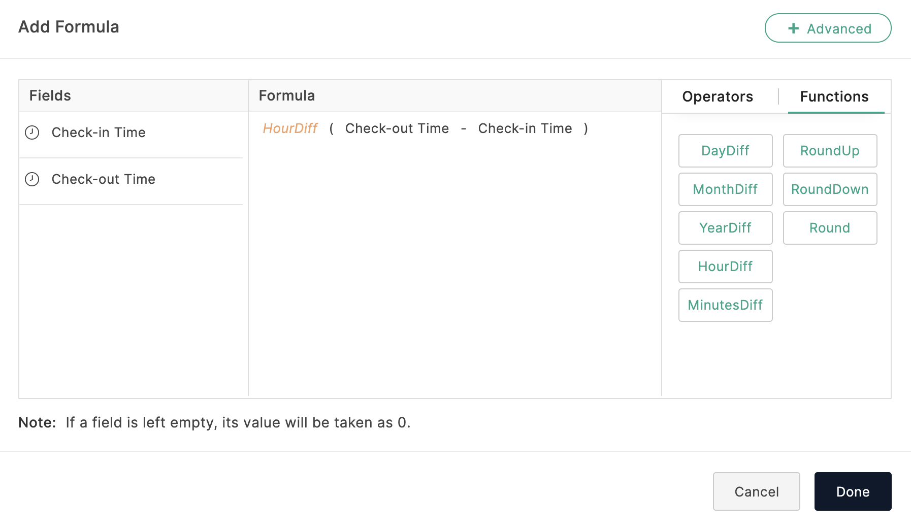 Using functions in Formula field