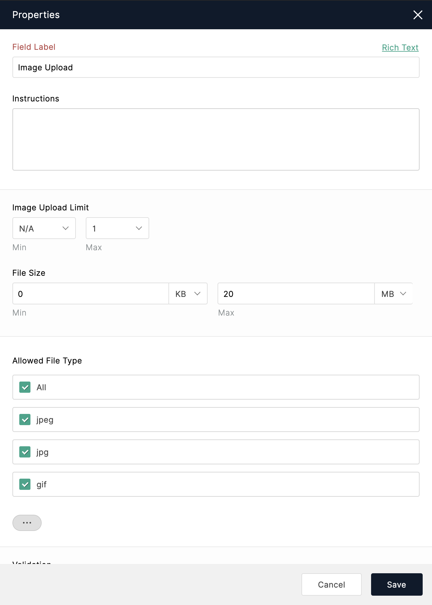 Image Upload Field Properties