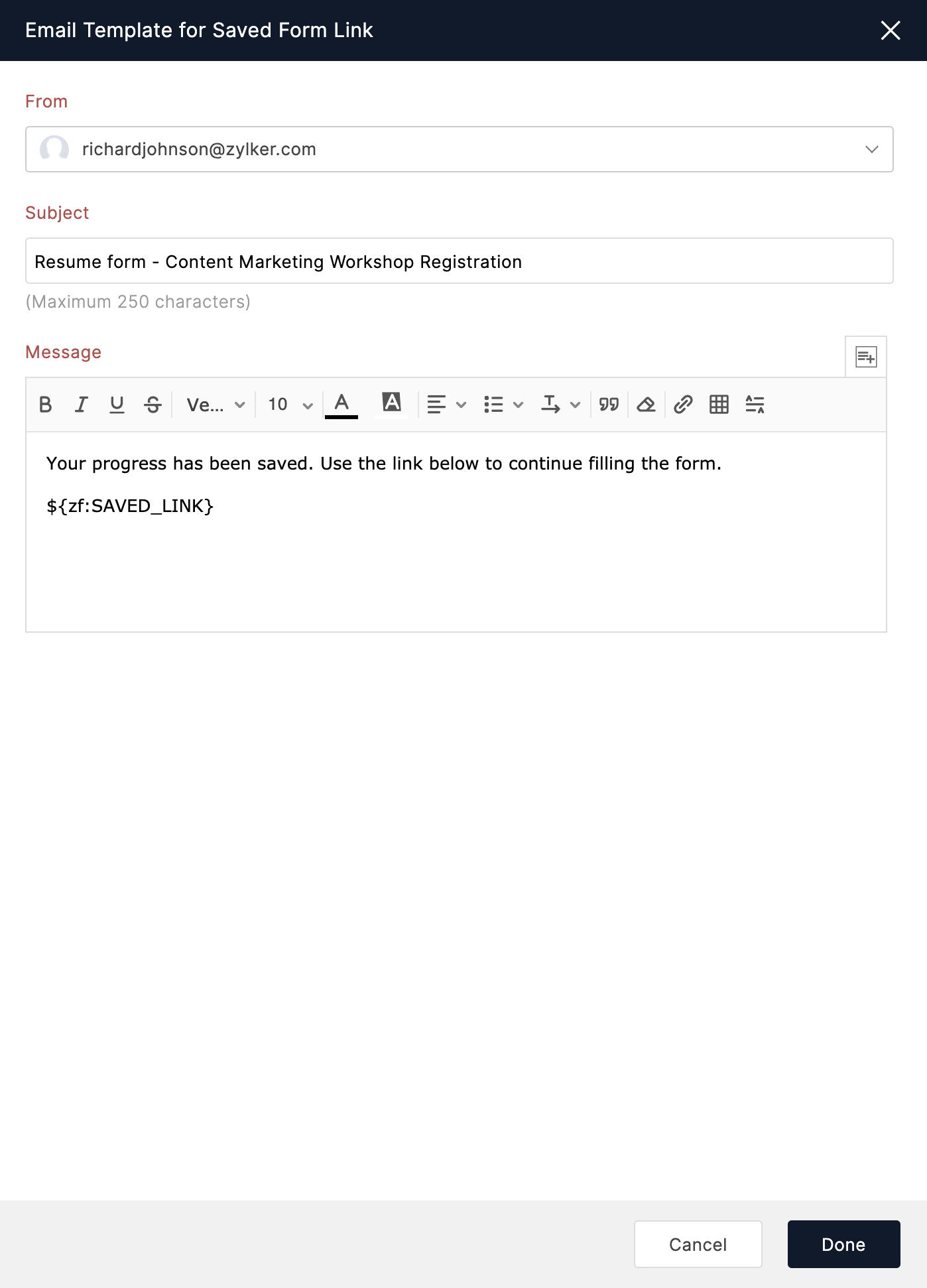 Email template to send saved form link
