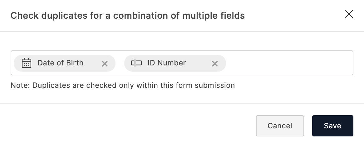 Check duplicates for a combination of multiple fields