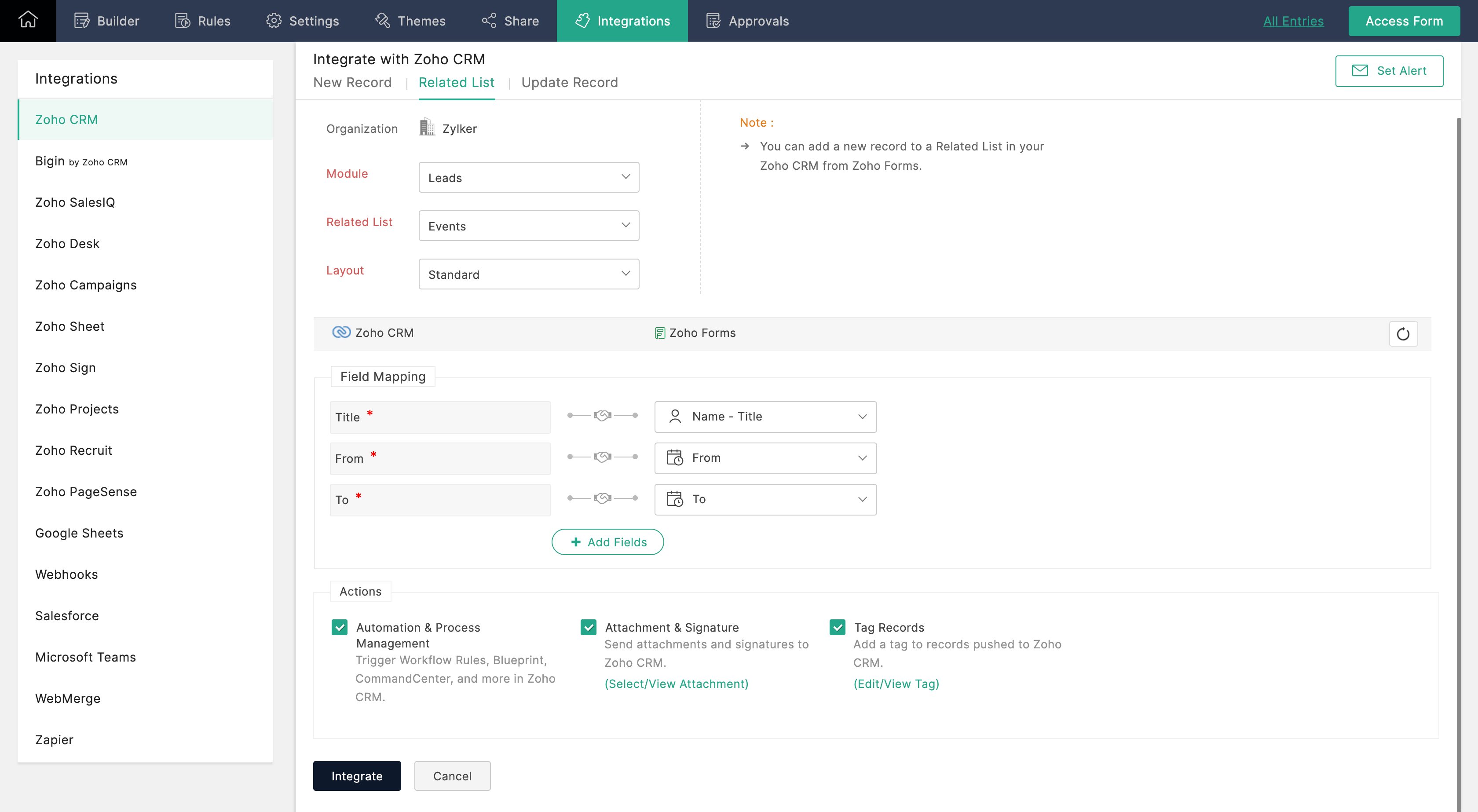 Add entries to a Related List while pushing a New Record to Zoho CRM