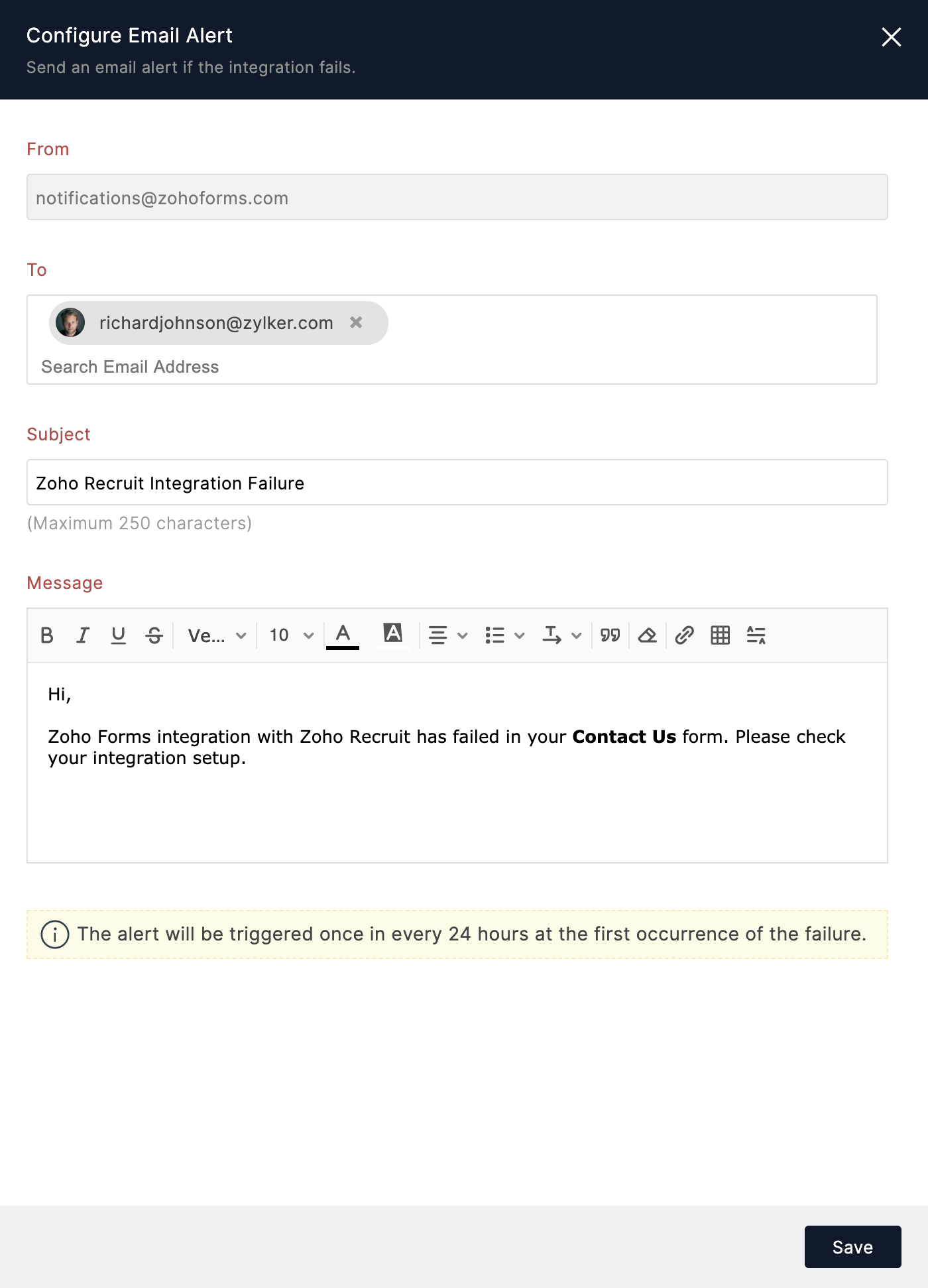 Set Alert on Zoho Forms - Zoho Recruit Integration Failure