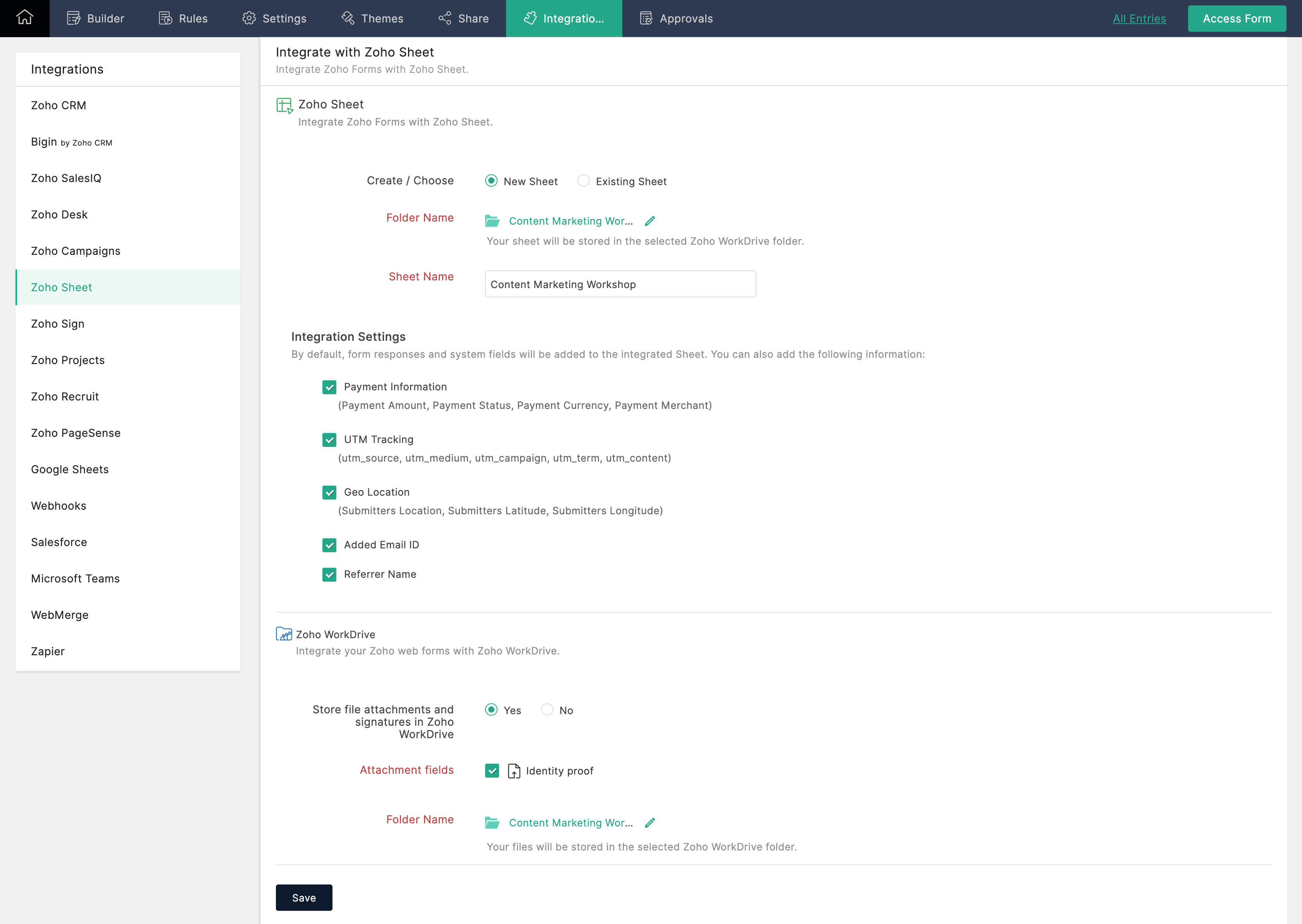 Zoho Sheet Integration Setup