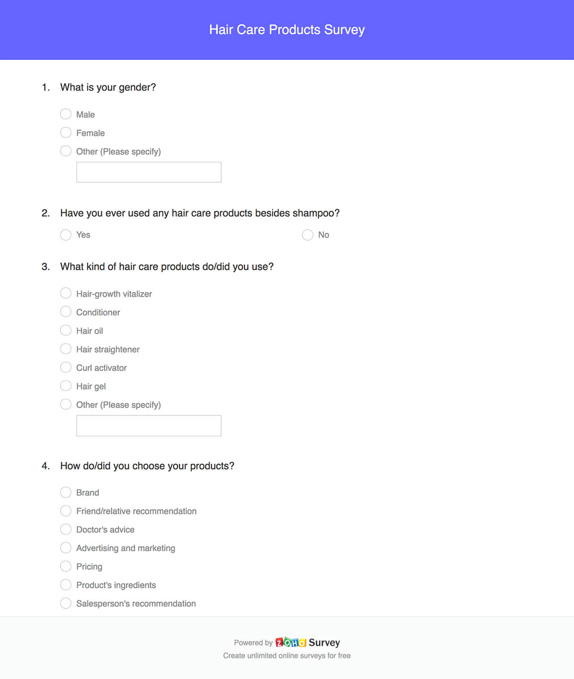 Hair care products survey questionnaire template