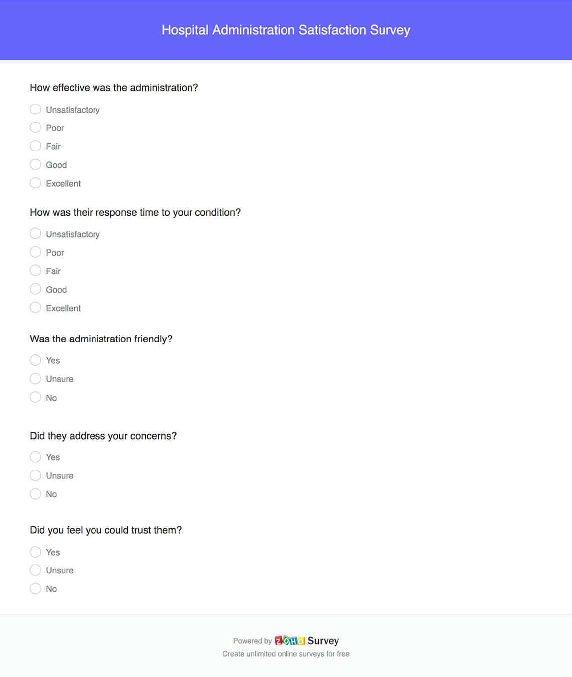 Hospital administration satisfaction survey questionnaire template