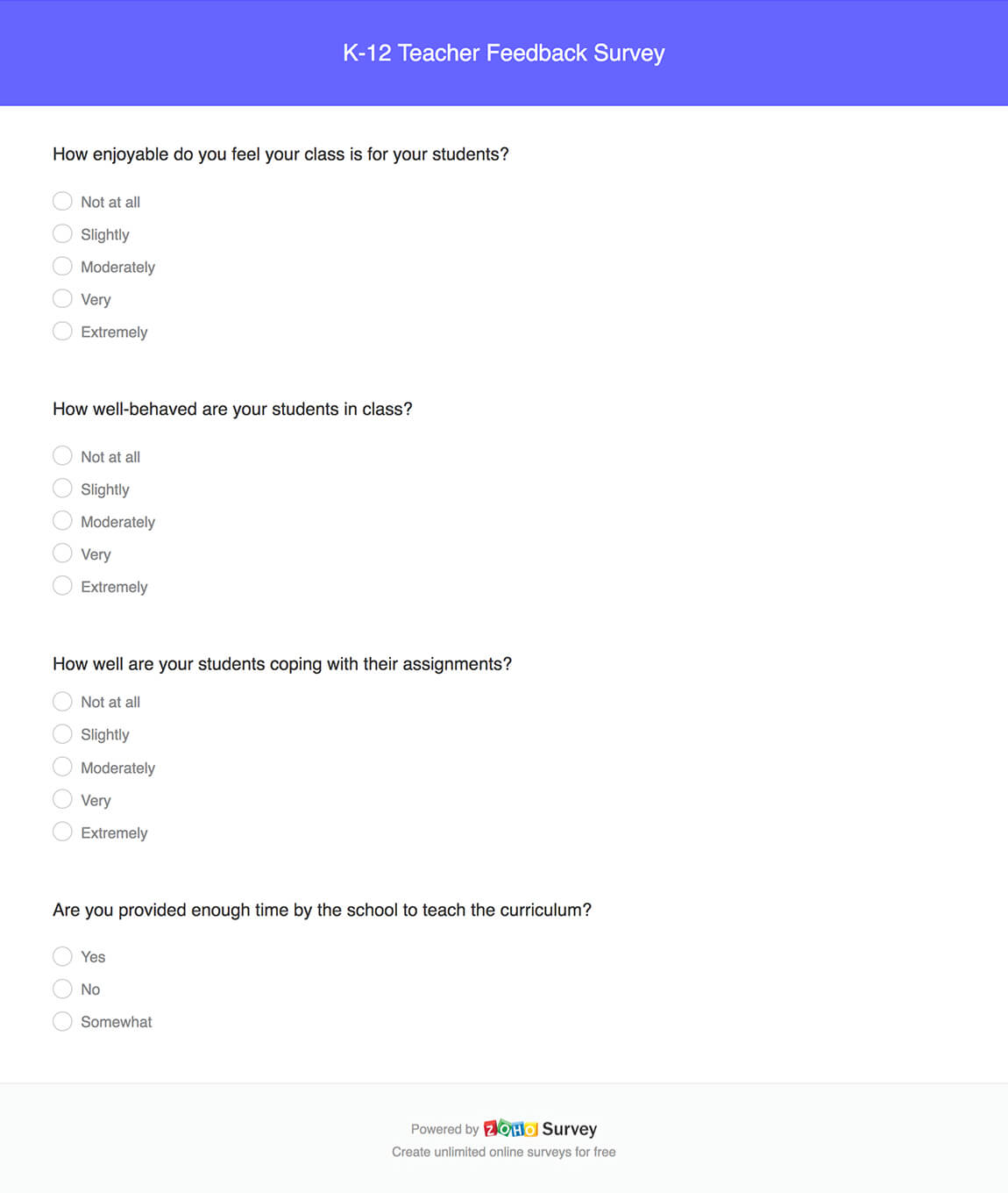 K-12 teacher feedback survey questionnaire template
