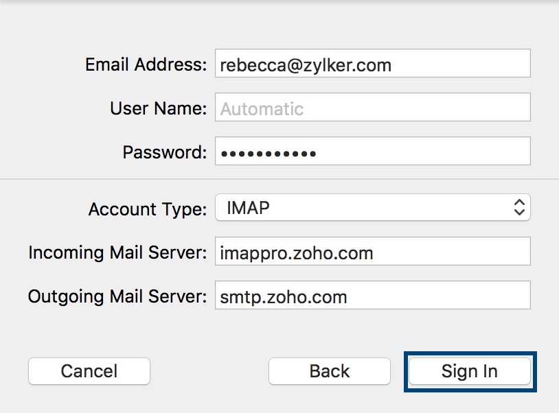 กำหนดค่า IMAP ของ Zoho Mail ใน Mac