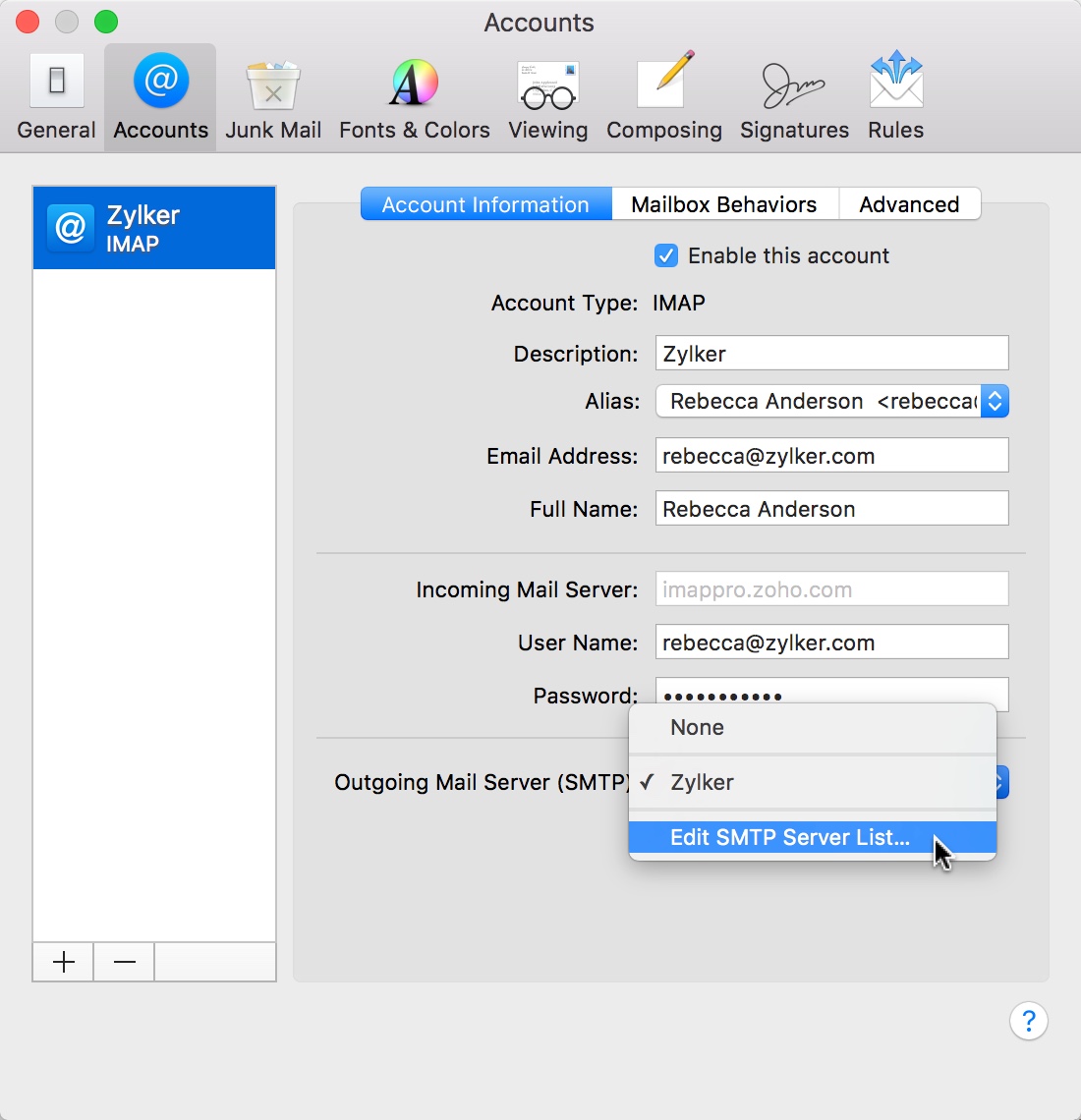 SMTP settings for MacMail