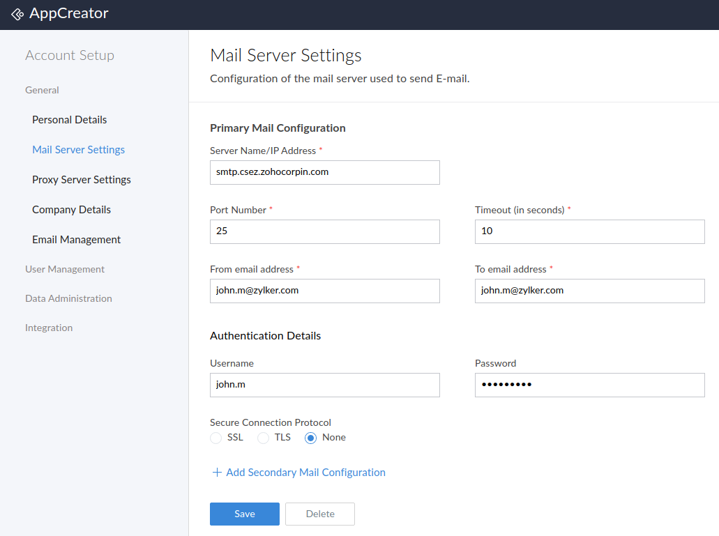 Mail server configuration ManageEngine AppCreator Help