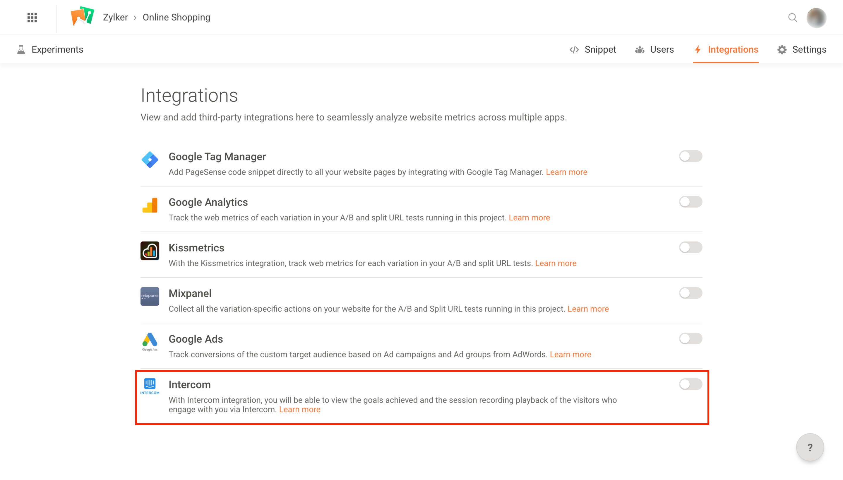 Choosing Integrations on the Experiment Listing Page in Zoho PageSense