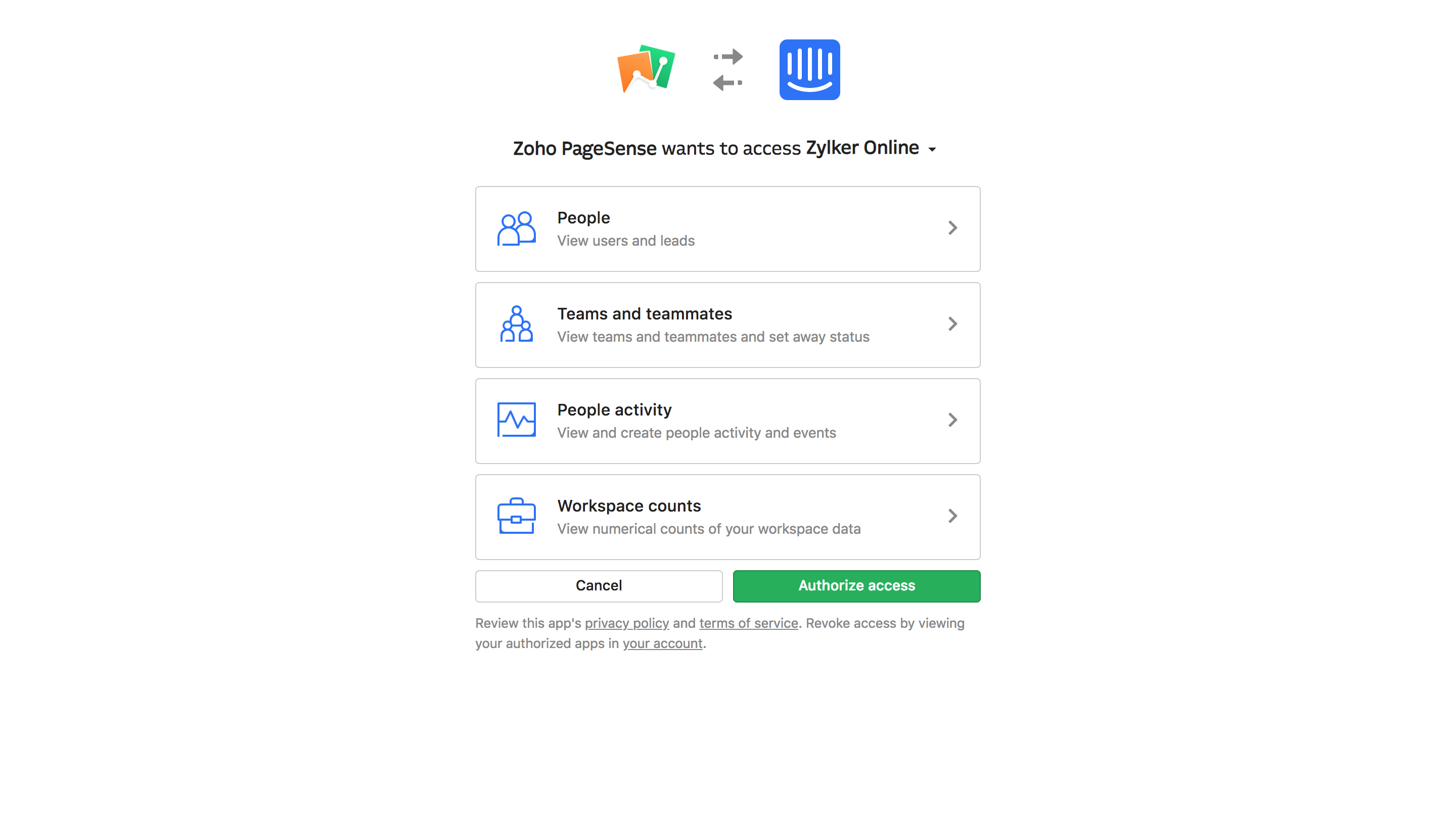 Authorizing Zoho PageSense's integration with Intercom