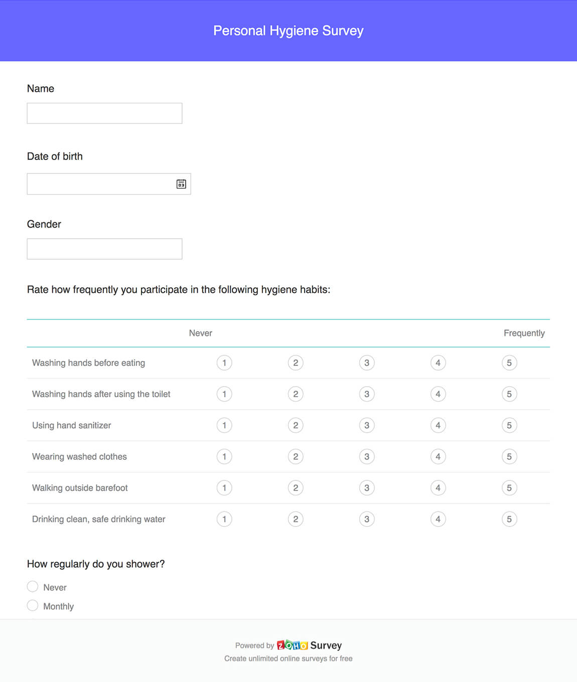 Personal hygiene survey questionnaire template