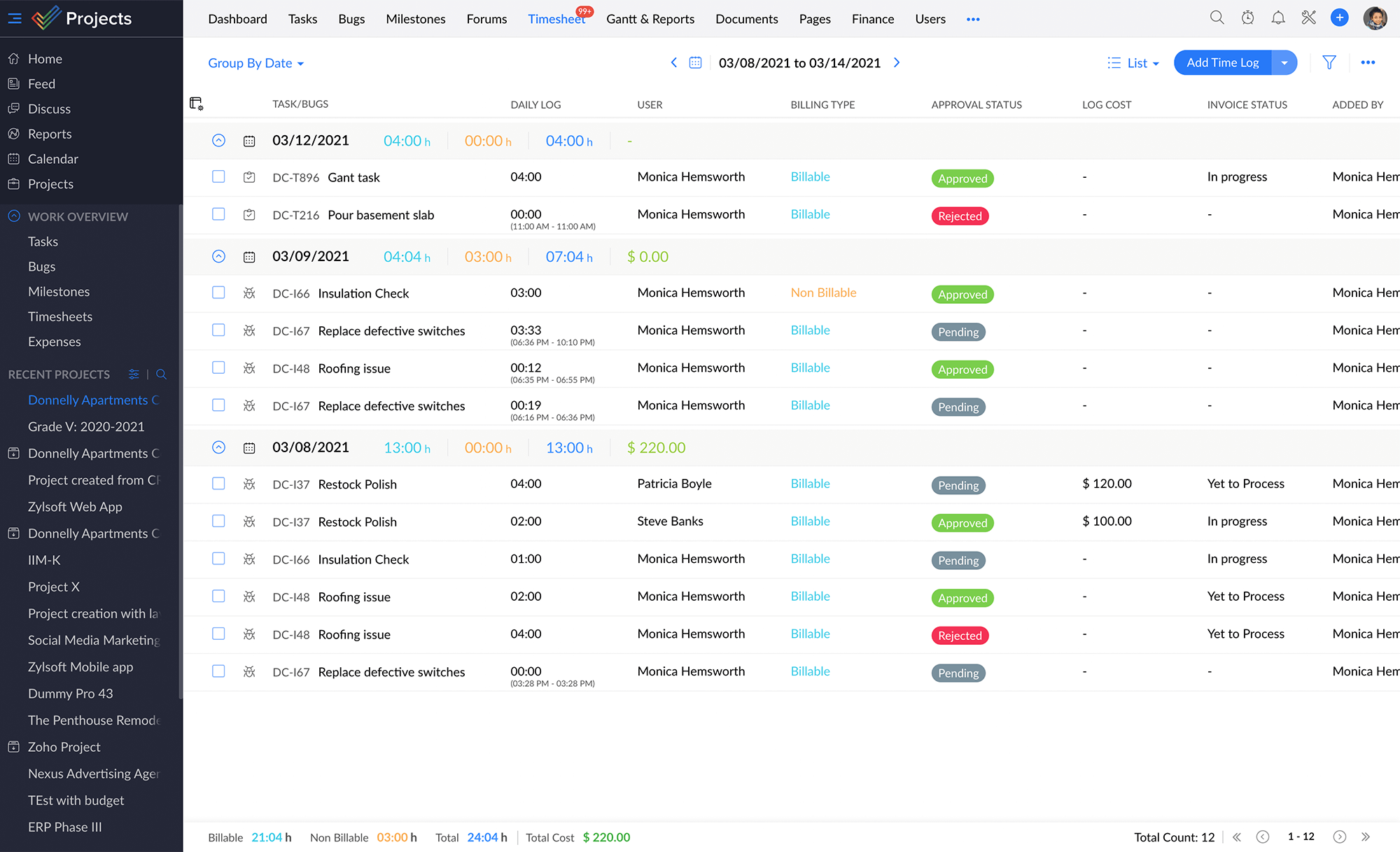 Planillas de horas trabajadas - Zoho Projects