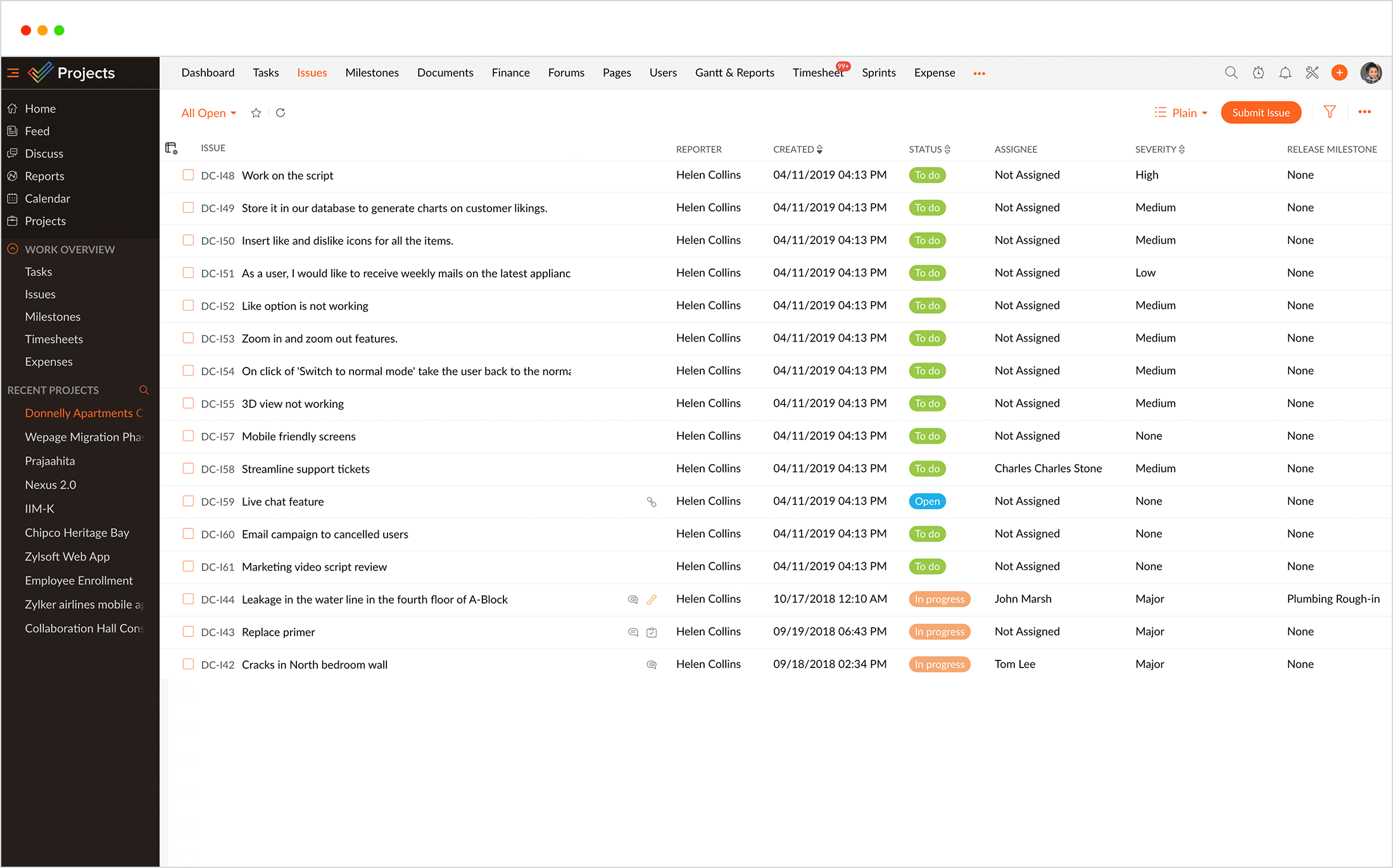 Log issues and bugs - Zoho Projects