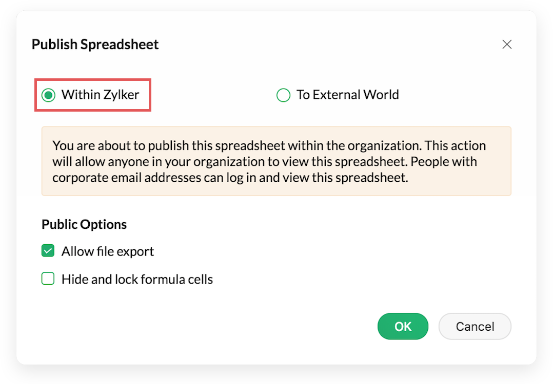 Publish spreadsheets within your organization