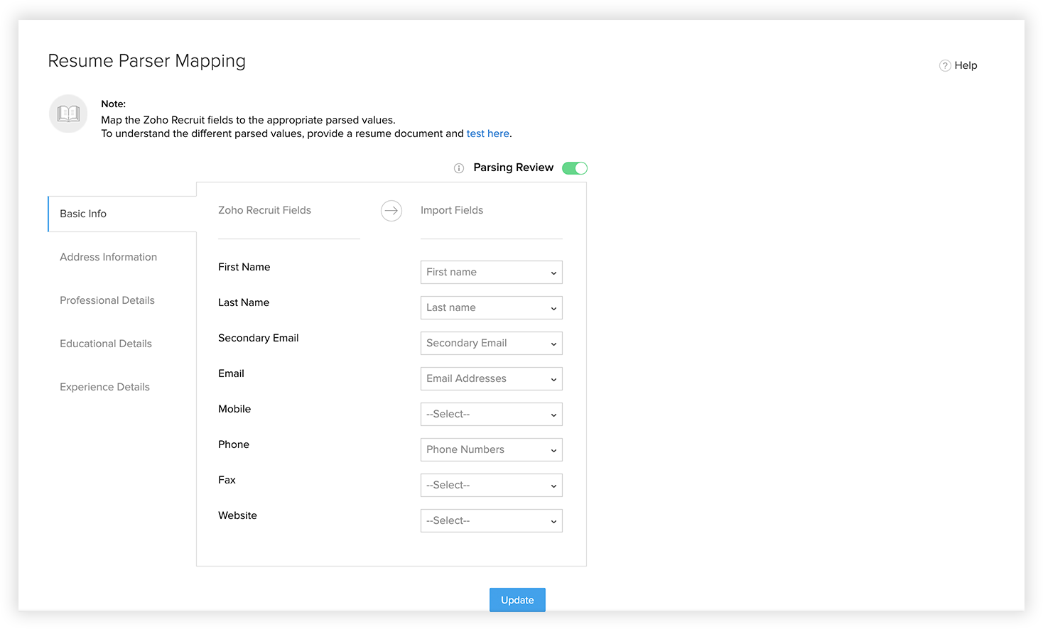 resume parser online help zoho recruit resume parsing