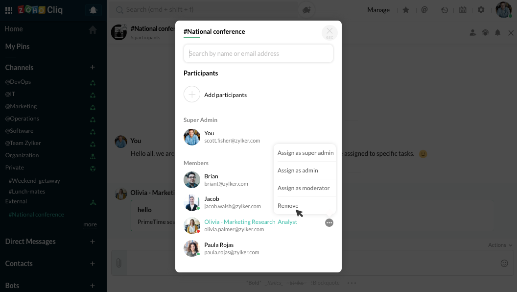 Remove participants by hovering over their name and clicking on Remove