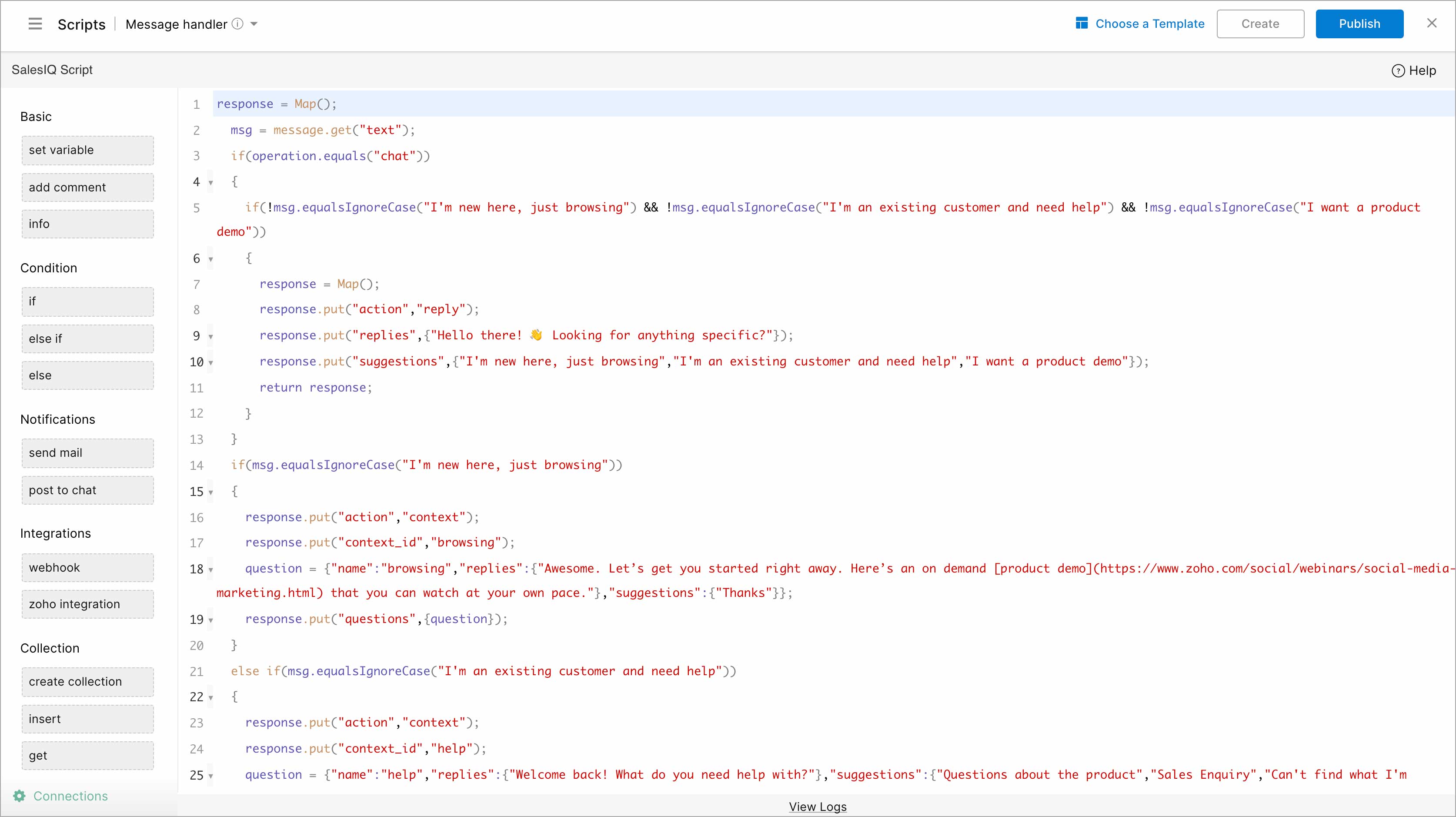 SalesIQ Scripts platform to build Zobot