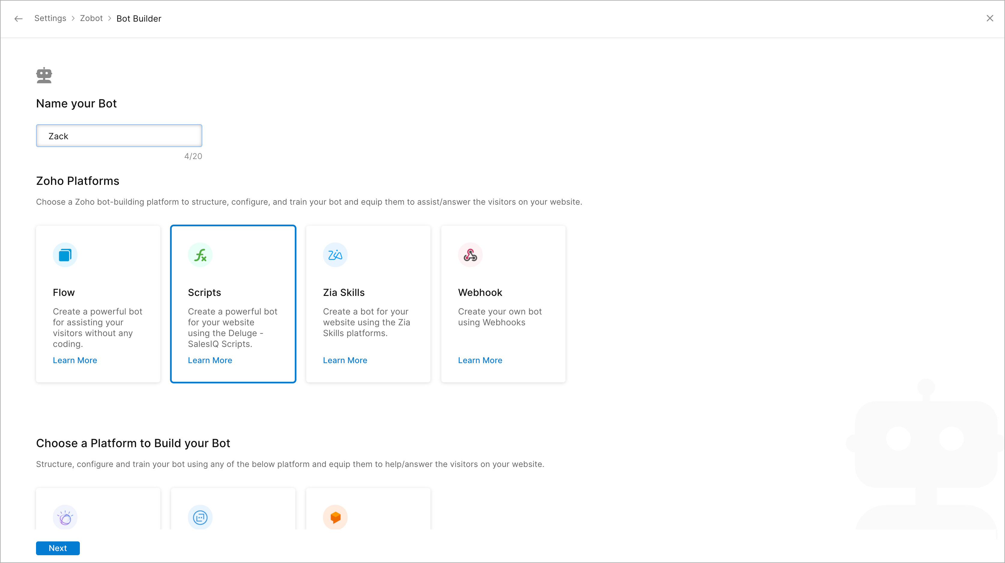 SalesIQ Scripts platform to build Zobot
