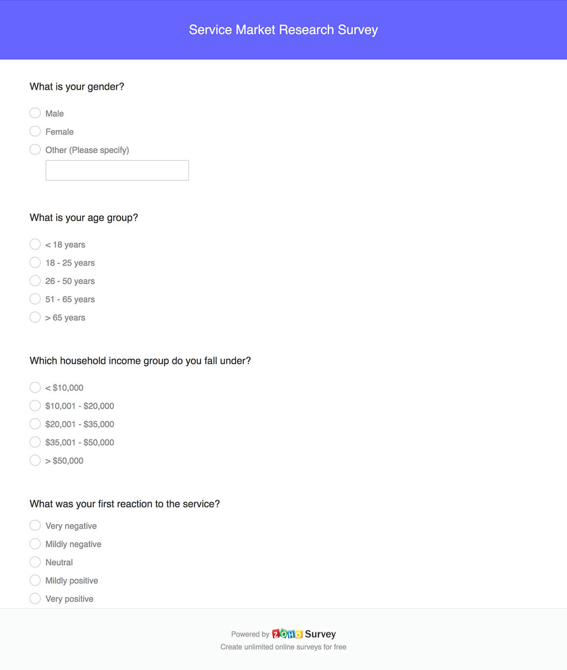 Service market research survey questionnaire template