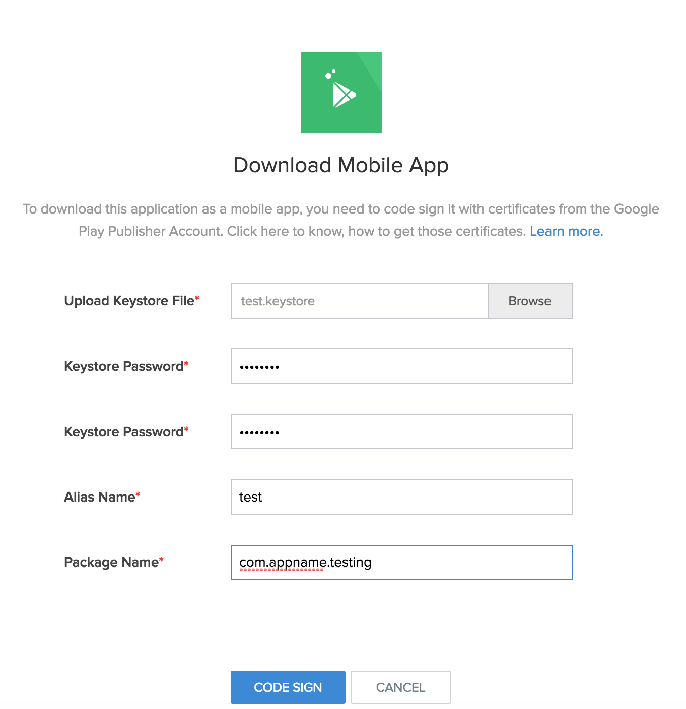 Code sign android app for customers Zoho
