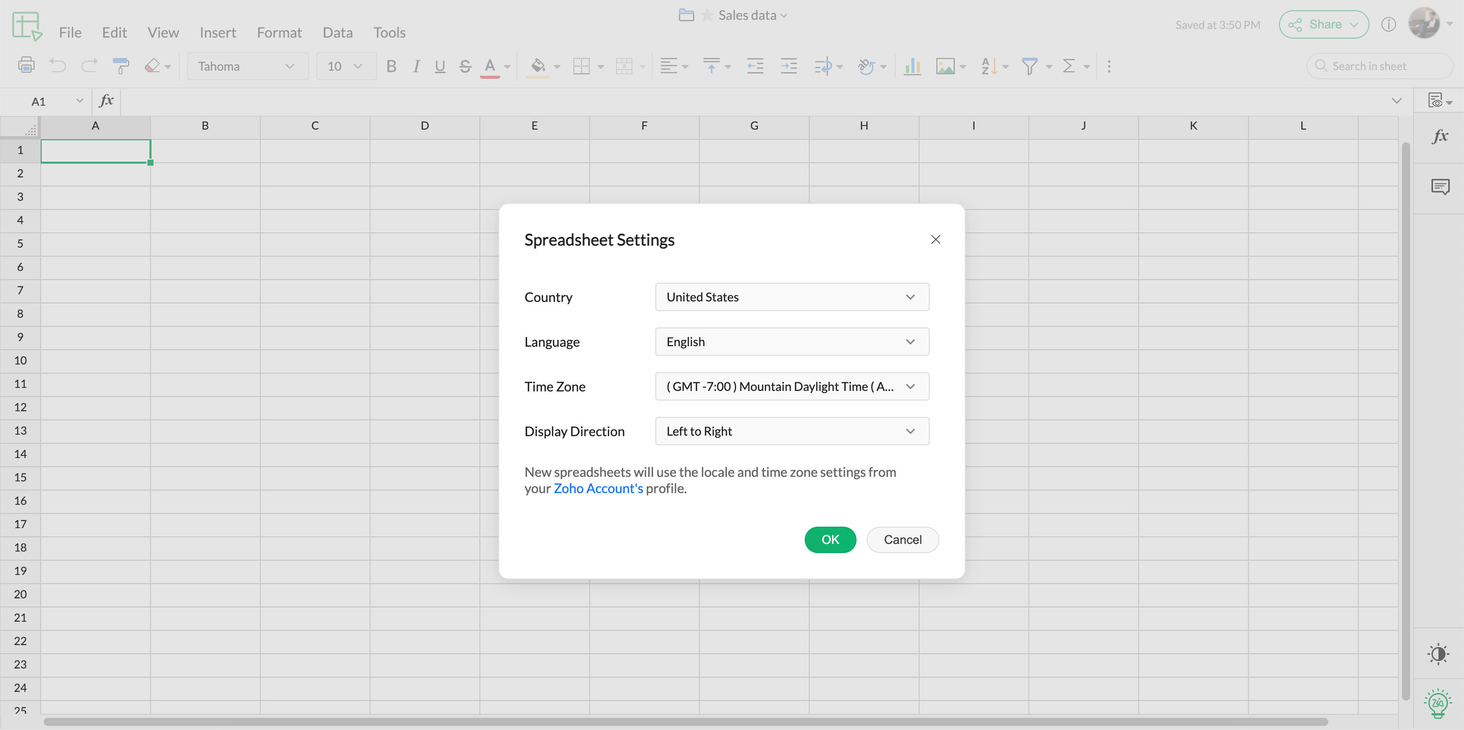 Spreadsheet settings in Zoho Sheet