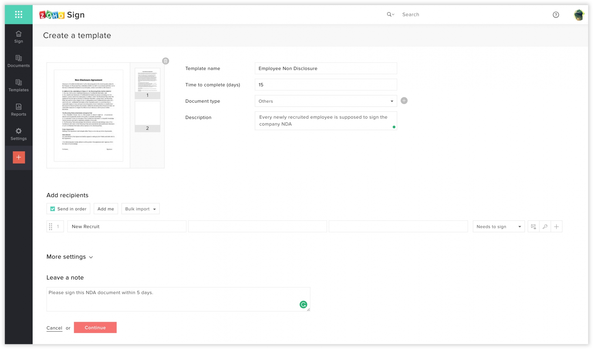 templates create use and edit templates using zoho sign create document template