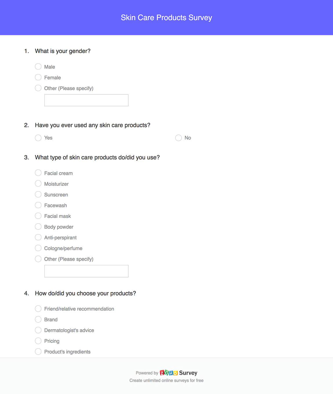 skin care questionnaire template Skin care products survey template - Zoho Survey