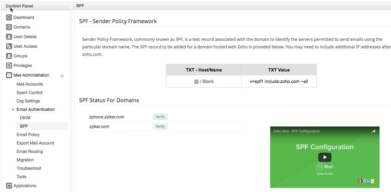 SPF Sender Policy Framework Zoho Mail